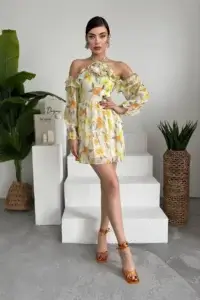 Rochie mini Zaria, Bej, cu imprimeu floral