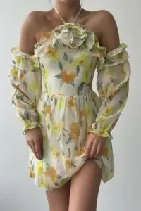 Rochie mini Zaria, Bej, cu imprimeu floral