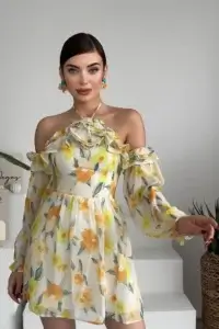 Rochie mini Zaria, Bej, cu imprimeu floral