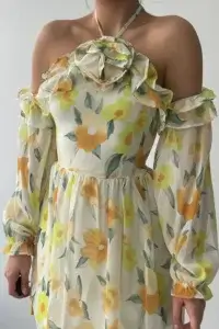 Rochie mini Zaria, Bej, cu imprimeu floral