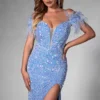 Rochie lunga Isabella, Albastru, cu paiete