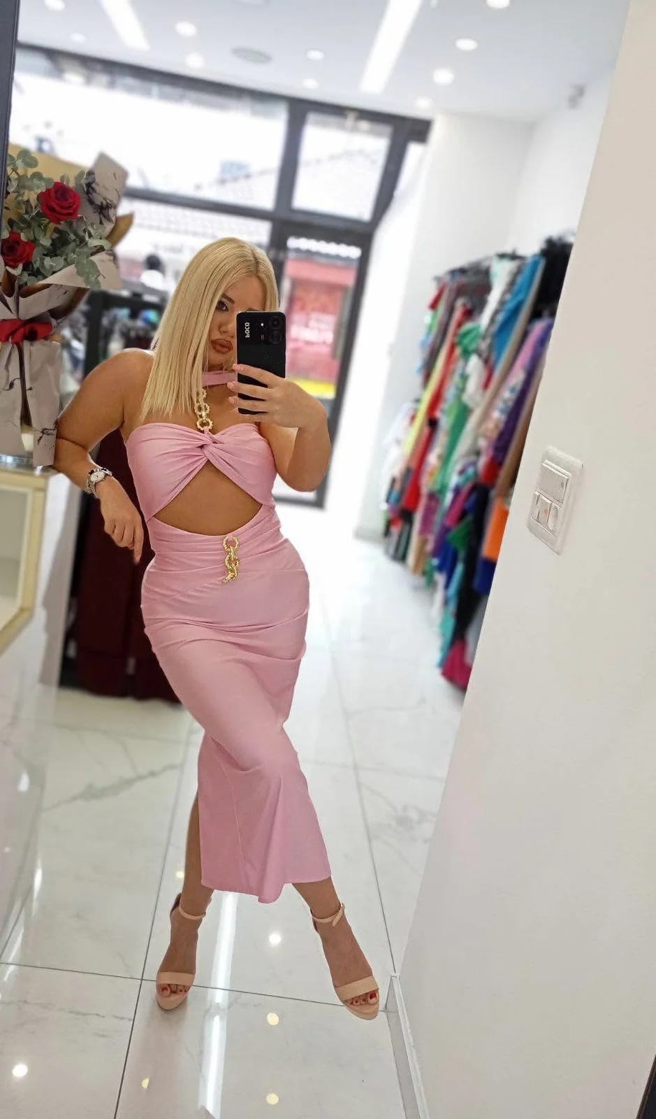 Rochie midi Serena, Roz deschis