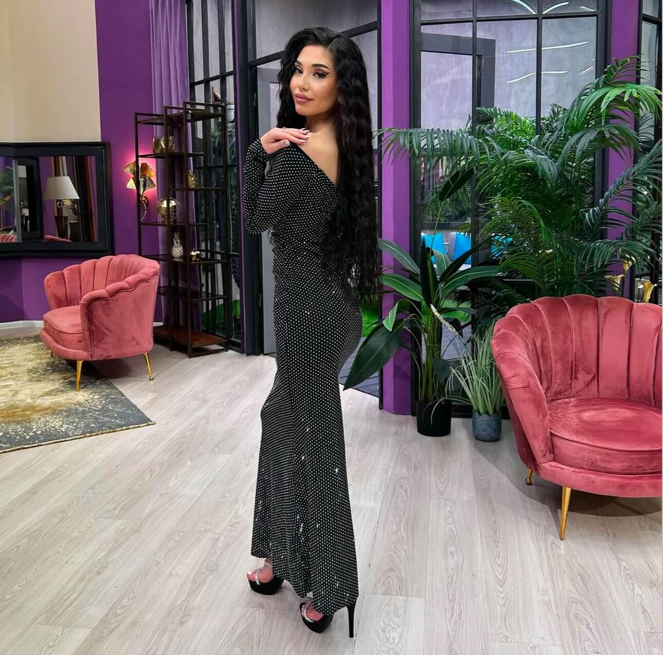 Rochie maxi Edith cu cristale argintii, Negru