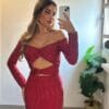 Rochie maxi Edith cu cristale argintii, Rosu