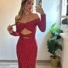 Rochie maxi Edith cu cristale argintii, Rosu